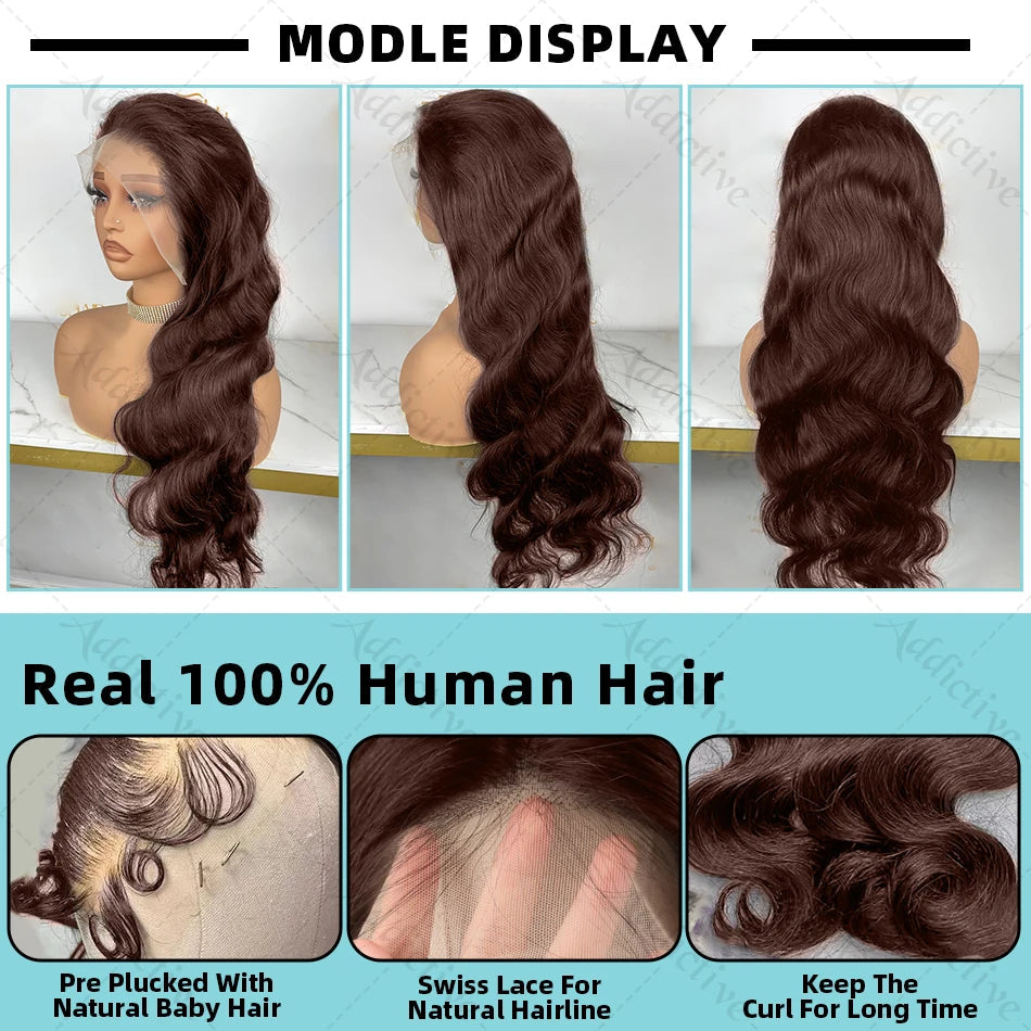 30 36 Inch 250 Density Chocolate Brown Body Wave 13x6 HD Lace Front Human Hair Wigs Colored 13x4 Nitoostore