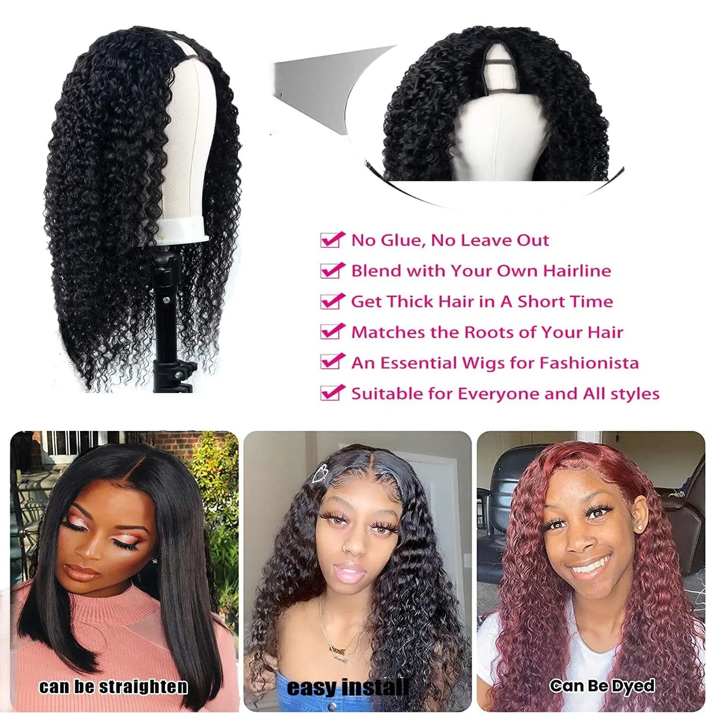 Curly U V Part Wig Human Hair for Women 180% Density Nitoostore