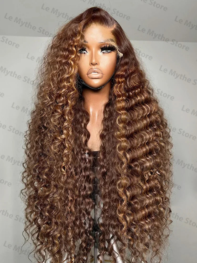 250 Density 4/27 Highlight Ombre Deep Wave HD Lace Front Wigs Curly 30 40 Inch Brown 13x6 Lace Frontal Human Hair Wig Water Wave Nitoostore