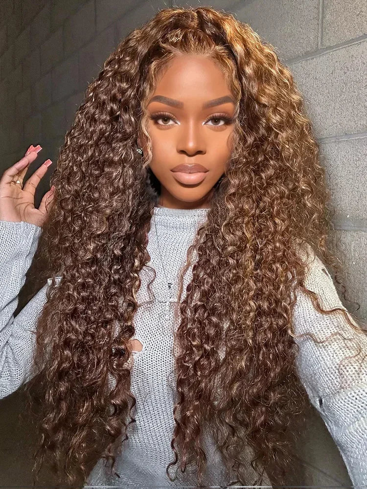 250 Density 4/27 Highlight Ombre Deep Wave HD Lace Front Wigs Curly 30 40 Inch Brown 13x6 Lace Frontal Human Hair Wig Water Wave Nitoostore