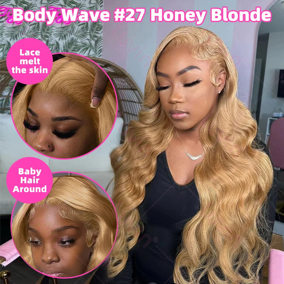Body Wave #27 Honey Blonde 13x6 HD Transparent Lace Frontal Human Hair Wig Colored- NitoostoreNitoostore