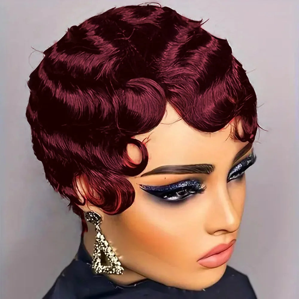 Sculpt Wave™ Short Finger Wave Wig – Brown Ocean Waves, 100% Human Hair Pixie Elegance Nitoostore