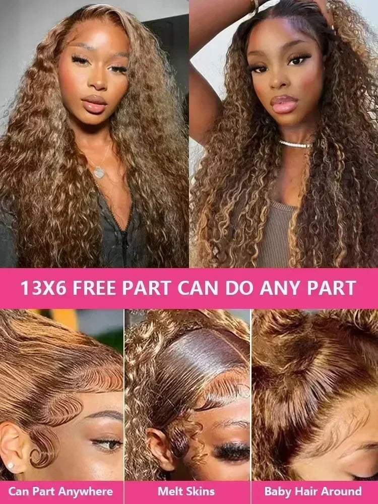 250 Density 4/27 Highlight Ombre Deep Wave HD Lace Front Wigs Curly 30 40 Inch Brown 13x6 Lace Frontal Human Hair Wig Water Wave Nitoostore