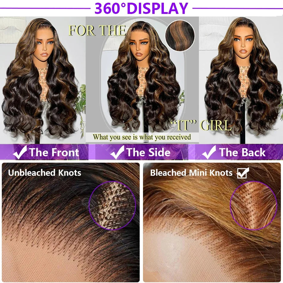 Body Wave Highlight Human Hair 30 Inch 13x4 HD Lace Frontal Wig 180 Density Natural Nitoostore