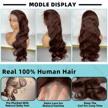 30 36 Inch 250 Density Chocolate Brown Body Wave 13x6 HD Lace Front Human Hair Wigs  Colored 13x4 Nitoostore