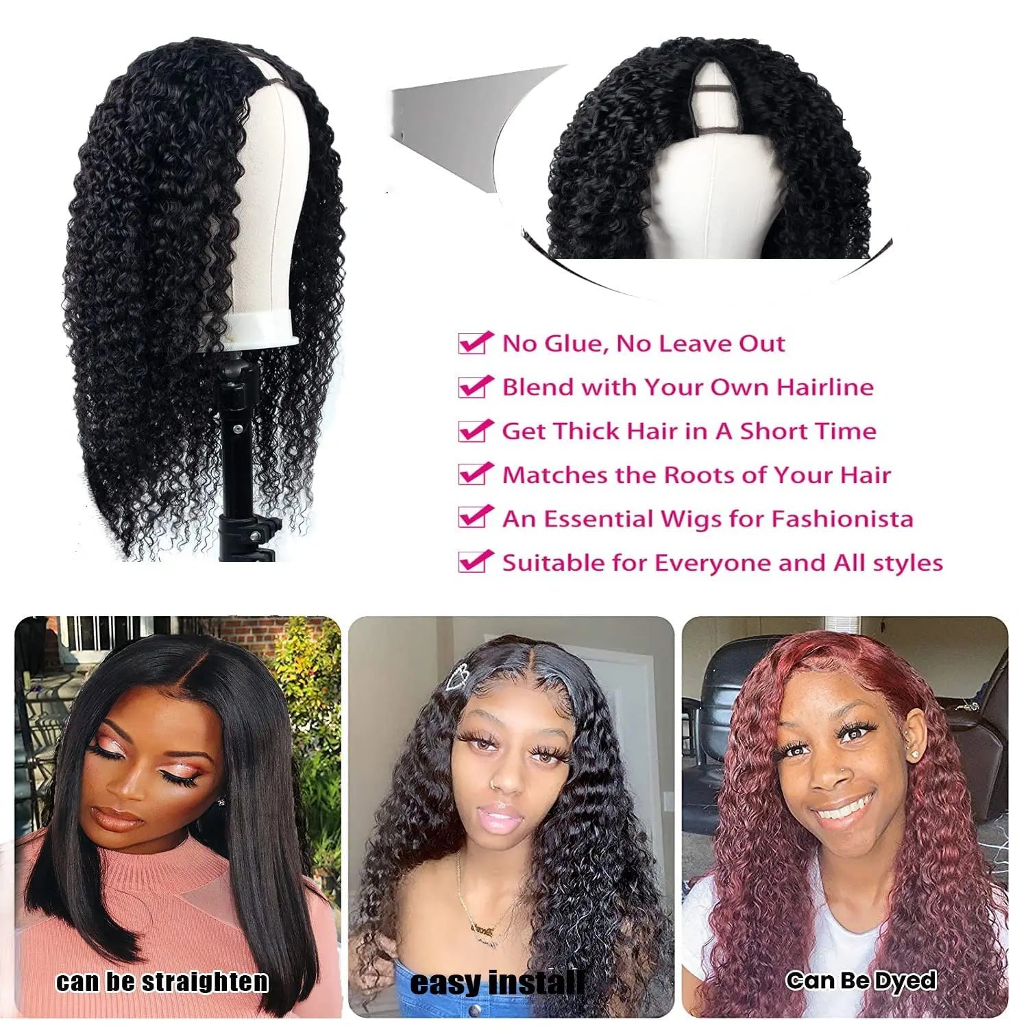 Curly U V Part Wig Human Hair  for Women 180% Density Nitoostore