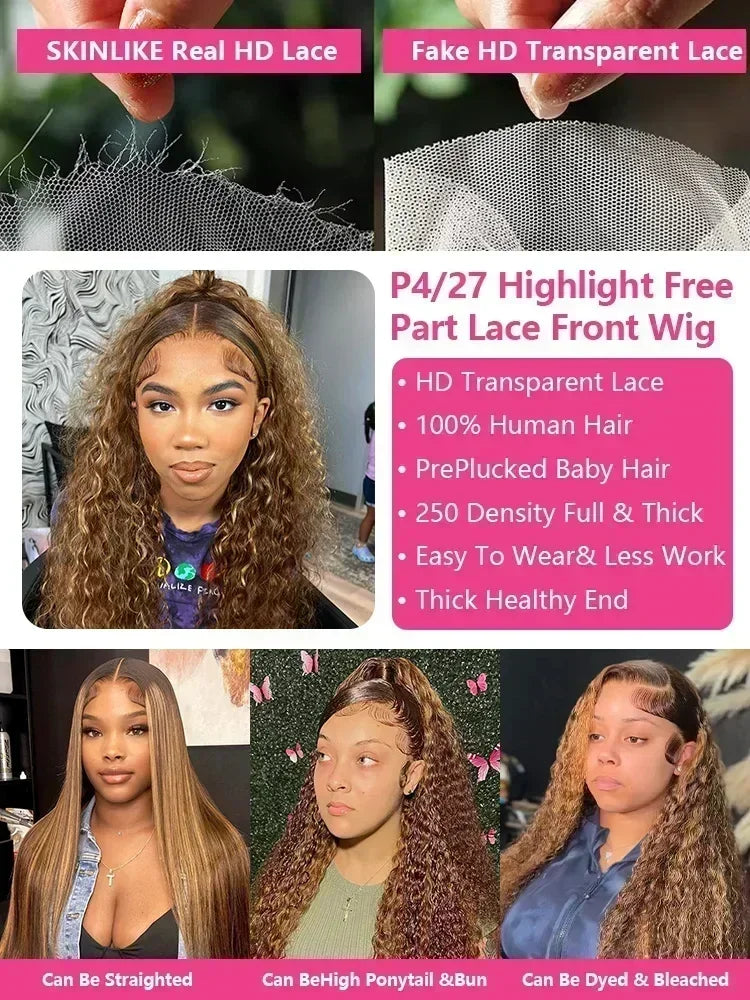 250 Density 4/27 Highlight Ombre Deep Wave HD Lace Front Wigs Curly 30 40 Inch Brown 13x6 Lace Frontal Human Hair Wig Water Wave Nitoostore