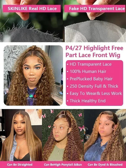 250 Density 4/27 Highlight Ombre Deep Wave HD Lace Front Wigs Curly 30 40 Inch Brown 13x6 Lace Frontal Human Hair Wig Water Wave Nitoostore