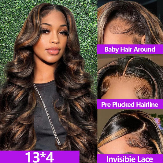 Body Wave Highlight Human Hair 30 Inch 13x4 HD Lace Frontal Wig 180 Density Natural Nitoostore