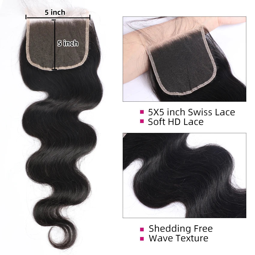 12A Body Wave Bundles With Closure 5x5 HD Transparent Lace 4×4 Brown Lace Natural Human Hair Extensions Nitoostore