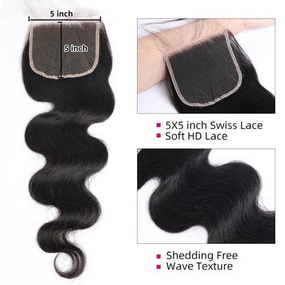 12A Body Wave Bundles With Closure 5x5 HD Transparent Lace 4×4 Brown Lace Natural Human Hair Extensions Nitoostore