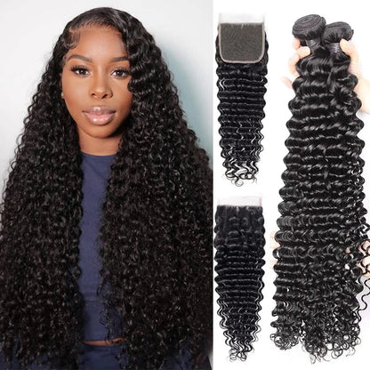 Curly Bundles With Closure – Wet & Wavy Virgin Loose Deep Wave, 100% Human - Nitoo Store
