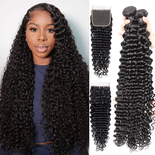 Curly Bundles With Closure – Wet & Wavy Virgin Loose Deep Wave, 100% Human - Nitoo Store