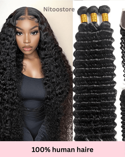 Curly Bundles With Closure – Wet & Wavy Virgin Loose Deep Wave, 100% Human - Nitoo Store